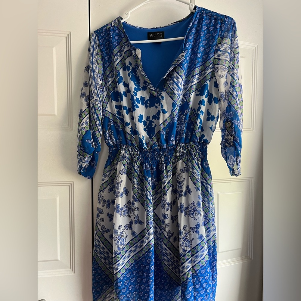 En Focus Studio Blue and White Print Dress